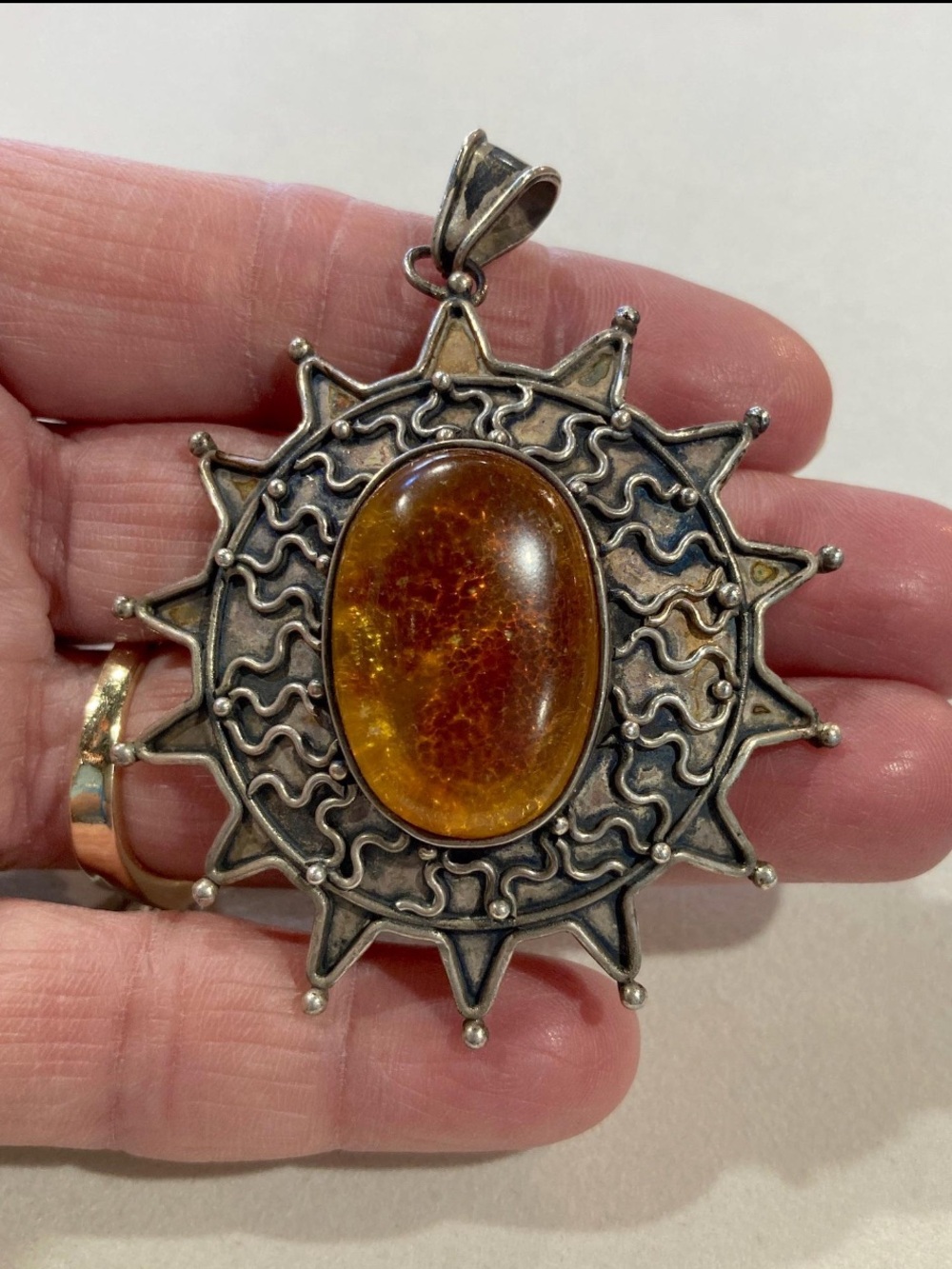 Large Vintage Amber Sunburst Pendant, Sterling Silver, Tribal, Ethnic, Hippie